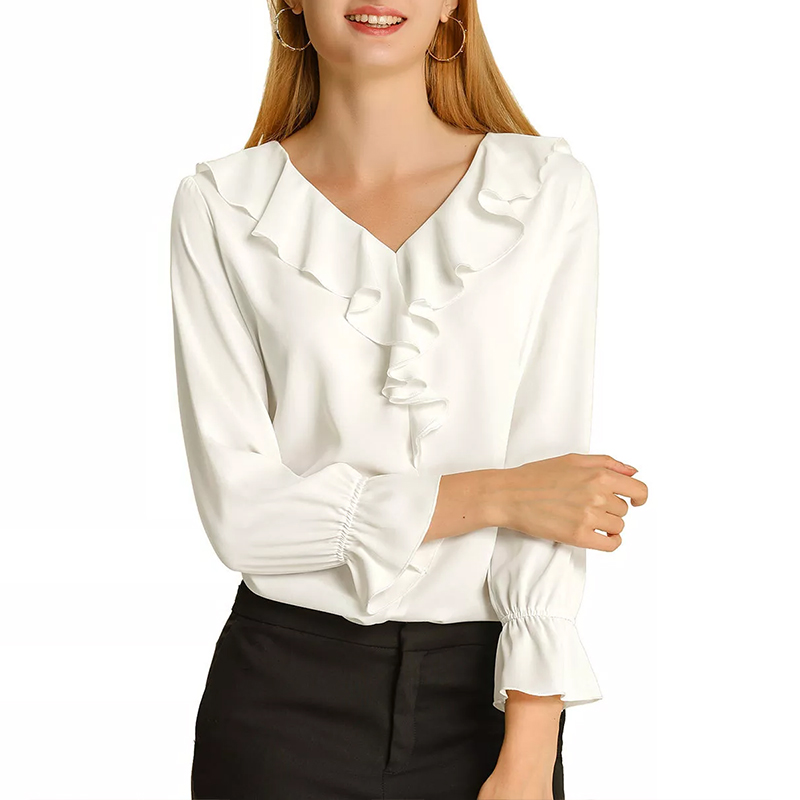 our ruffle frill blouse design combines elegance with a touch of playful charm at hongfeng.